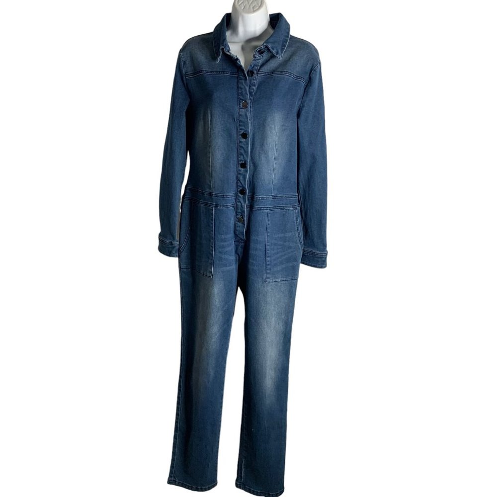 Feisty Boutique Stretch Denim Jumpsuit L Blue Buttons Pockets Rosie the Riveter